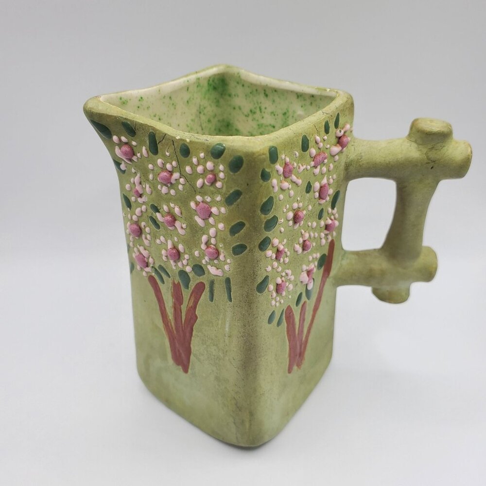 EHL 1960 Art Pottery Vase Planter Ceramic Vessel w/ Handle Green Floral Design